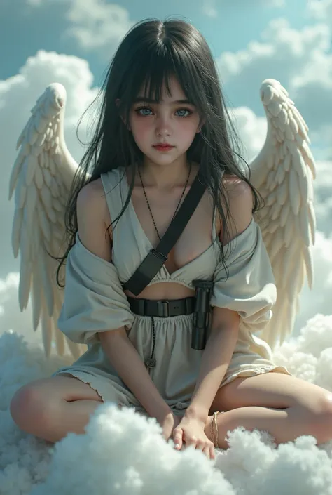 Realistic like a photo, full body, pretty female teen, big wide eyes, naked, only thin cotton cover body, wearing suicide bomber jacket, strapped in bomb, holding rifle gun, black hair, very long hair, pale white skin, small lips, master piece, photorealis...