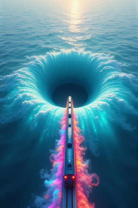 "A sea that looks like an eye from above, with a train running through the middle."seen from the top, rainbow colored, so big, amazing, endless road