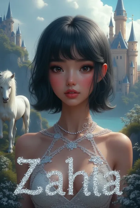 The first name "Zahia " In italics in silver rhinestone with a castle and a unicorn as a background and a  with a tanned complexion and square hair
