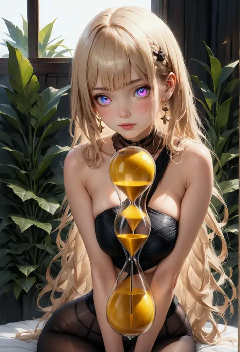 1maturegirl,mahiru shiina,Long smooth straight golden hair, iridescent eyes,athletic hourglass figure,sitting in pantyhose topless.masterpiece, super detail,detailed eyes, best quality, 8k,realistic