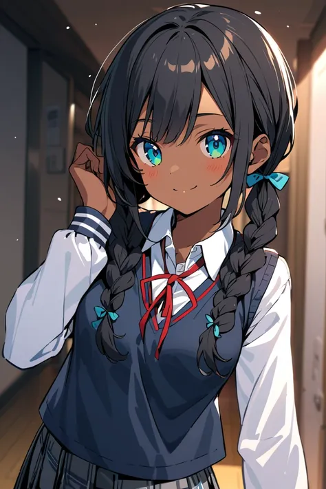 black hair , smile,   brown skin  ,  braid twin tails ,  japanese high school student  , blue pupil , school uniform