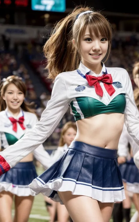 a high school cheerleader is performing a routine at a football game.. 、she's wearing a bright colorful uniform with a pleated s...