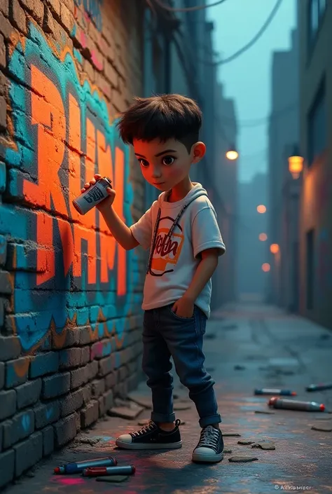 A 3D render illustration of a young, rebellious boy with his name ROHIMprinted on his shirt, graffitiing a textured, rundown brick wall. He is confidently holding a spray can and spraying vibrant, bold words "MEONG editor. The urban backdrop features a des...