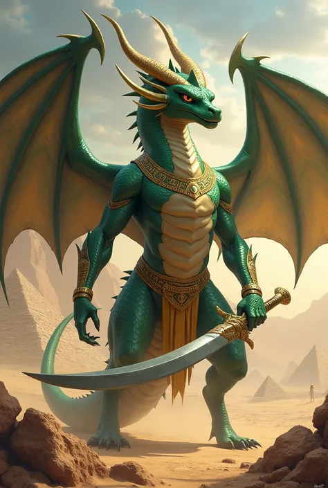 Create an image of a great Dragonian holding a khopesh 