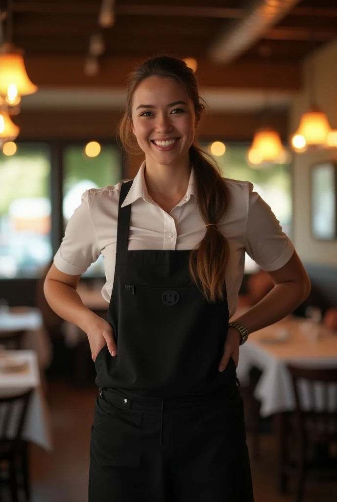 Create a realistic photograph of a smiling and beautiful 22 year old white American brunette waitress carrying a stout overweight man on her shoulder , in a restaurant  , man is sitting on top of her shoulders, man on top, woman standing at bottom 