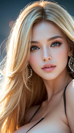 (best quality,ultra-detailed,photo-realistic:1.37),bright and vibrant colors,studio lighting,playful expression,stylish makeup,long blonde hair flowing in the wind,alluring eyes,glossy lips,sexy pose, Brazil, stadium, smiling in a confident and seductive w...