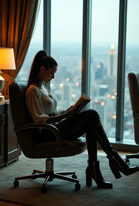 a cyborgwoman sitting in a luxurious chair reading a book in an office in a skyscraper in a big city, heavy boots, (best quality, 4k, 8k, highres, masterpiece:1.2), ultra-detailed, (realistic, photorealistic, photo-realistic:1.37), cinematic lighting, chia...