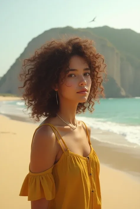 Girl with curly hair alone on a beach farther away
