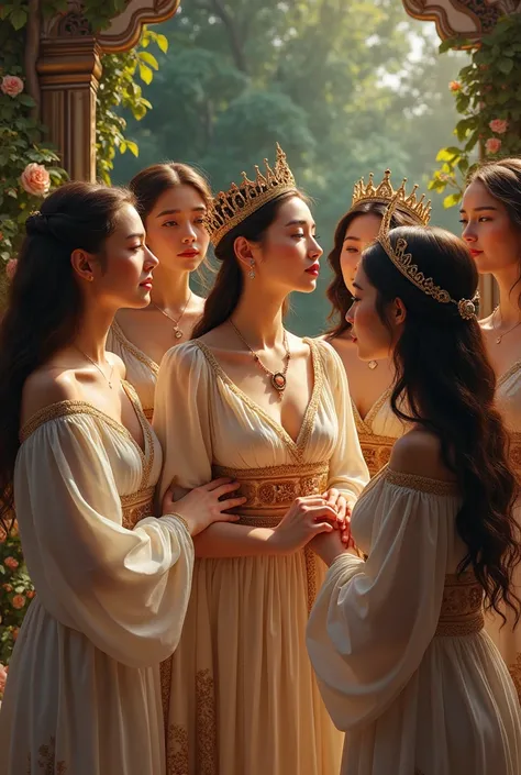 A ancient kingdom which has a young queen and she is a lesbian one she married to group of five  princesses. All are live happily 