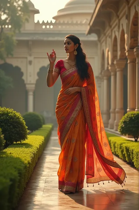 A beautiful woman wearing a sari is going walking  somewhere from the of a royal palace One hand raised in the air and looking at the hand