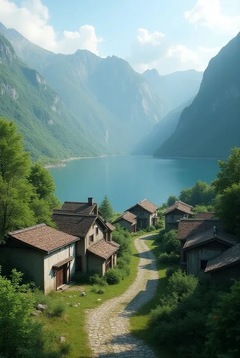 A town with houses made of concrete blocks in the middle of nature with a huge lake far from the town and green mountains 