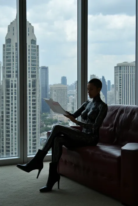 office in a skyscraper in a big city, a cyborg female sits in a luxurious chair and reads a book, Heavy mens boots, high quality, Absurd, Masterpiece, Beautiful, complex parts, 1/2 body crops, slender body, Beautiful figure, Magnificent Anatomy, (complex p...