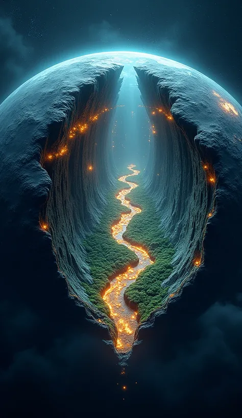 A split image of Earth showing a glowing inner world, with lit cities, rivers, and lush caverns. The inner world should look bright and exotic compared to the dark outer crust.