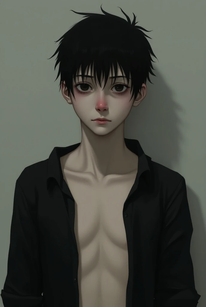 A young man, black hair ,pale skin,dark circles and a slightly pink nose,black shirt ,shirtless ,