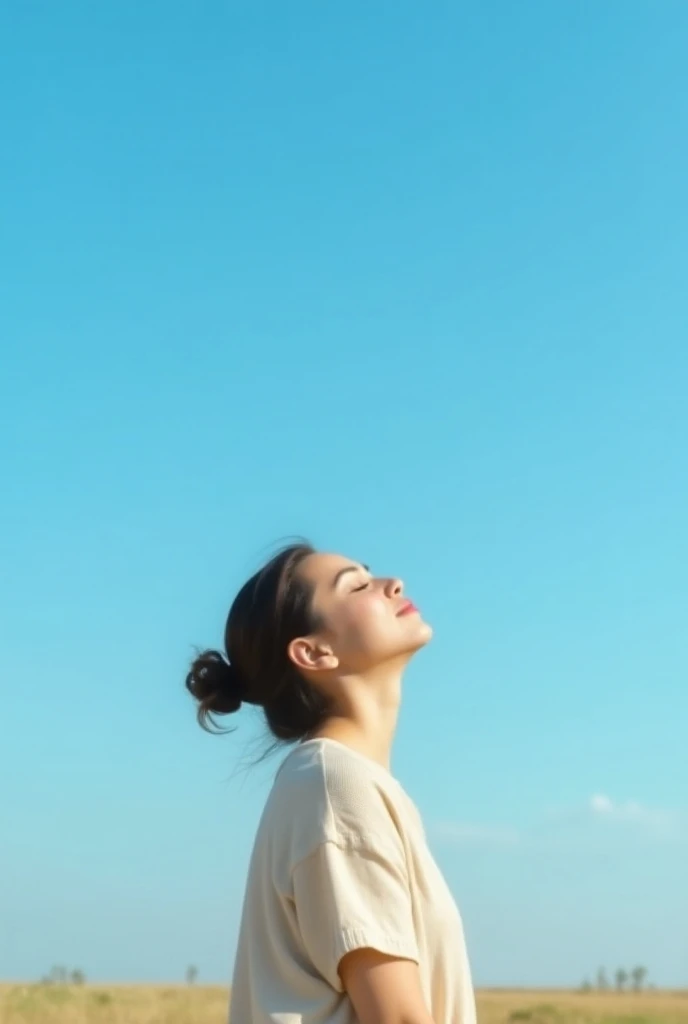 women aged 29 staring at the blue sky, closing her eyes,one women only in the picture 