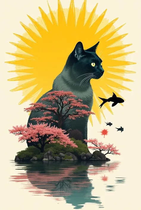 Creative collage composition with multiple elements :
- Double exposure effect of a cat overlaid with a bright yellow exploding star pattern
- Transparent black cat silhouette
- CHERRY BLOSSOMS ARE BLOOMING
- Shogun Castle
- Letter
- carp
- Kaleidoscopic f...