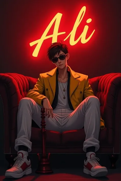 Imagine a dark gray background with striking Red lighting illuminating the scene. A anime boy sits confidently on a luxurious king sofa, dressed in a bold yellow long jacket, white pants, and stylish sunglasses. He holds a hookah in one hand. The name ‘ALI...