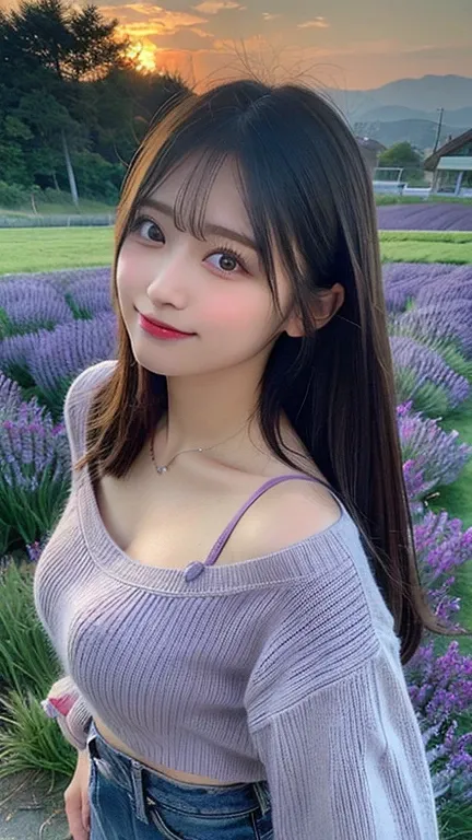 masterpiece, Best Quality,  photorealistic ,   fine details ,  Hi-Res, 8k wallpaper, perfect dynamic composition,  beautiful detailed eyes, Long dark hair , Extremely straight hair、 big full breasts, (Tight purple Knitwear)、( breast bulge 1.2)、smile、resort...