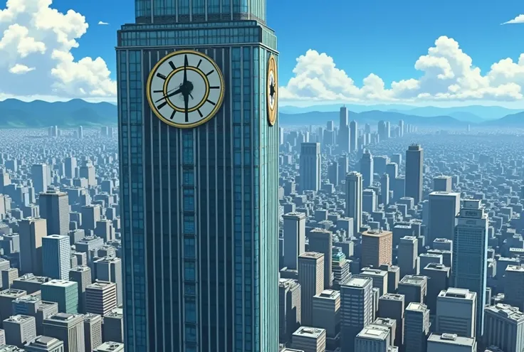 DVD screenshot from the 1992 anime . Glass and concrete skyscraper with a large clock dial on a city background. Anime style, anime, Ghibli,  The view from above .