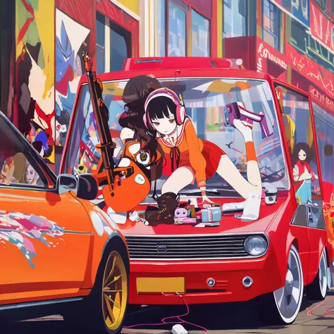 Luxury brand fashion girl wearing headphones, Hans Bellmer, stand in front of a red electric car, beautiful girl in sailor suit, Masturbation,Wearing a orange sweater,skirrt,Wearing socks、illustration,vibrator,open legs, have a hand blaster, stand in front...