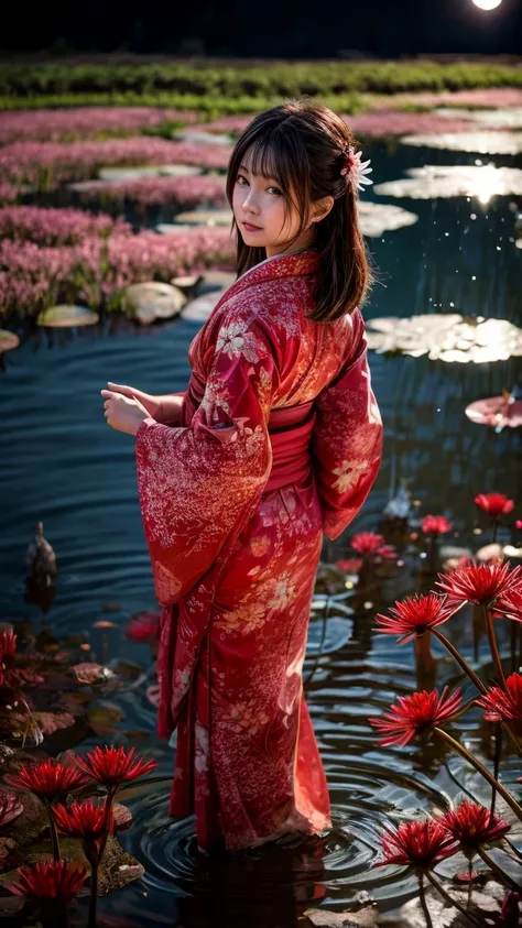 (pond:0.6),(sand road:0.4),(A large amount of red spider lilies in full bloom:0.4),(a girl:0.1)
(masterpiece), best quality, expressive eyes, perfect face, Late at night, a woman wearing a kimono is standing alone on the shore of a pond with the red moon a...