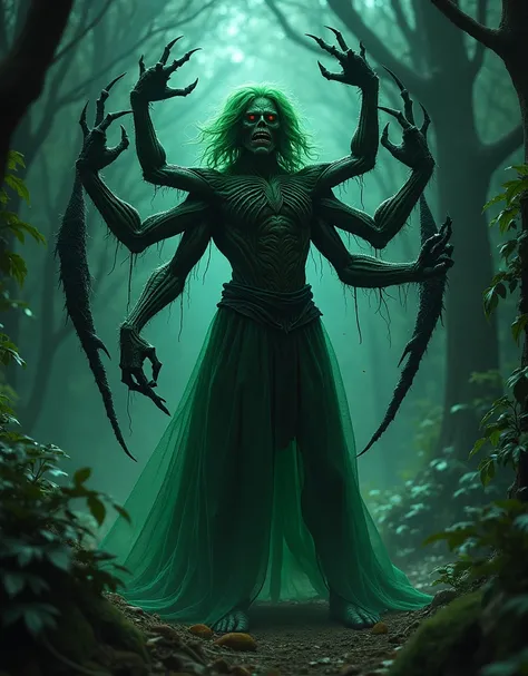 spider-type man demon, green hair, overlord rank, huge spider webs in dark forest background, has four arms, nighttime