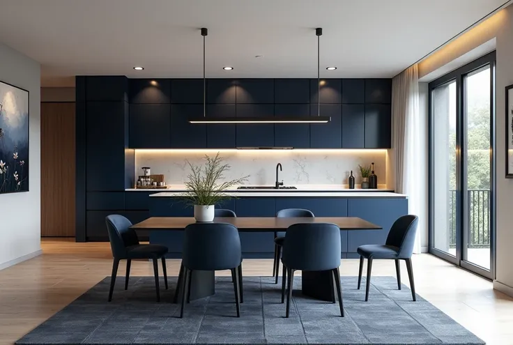  Professional 3D architecture rendering design integrated ,  modern dining table with black color , azul navy,  therefore, , realistic image photo, light gray wall ,  kitchen with island in shades of navy blue and light gray , lights on, pleasant light,  s...