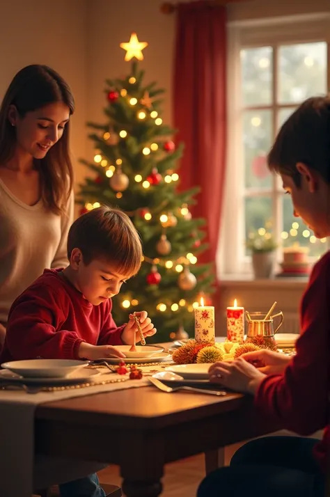   the interior of a warm house ,  a Christmas tree decorated with bright lights  .  The protagonist will be a small  , about 8 to  ,  Decorating the table for family dinner with his parents