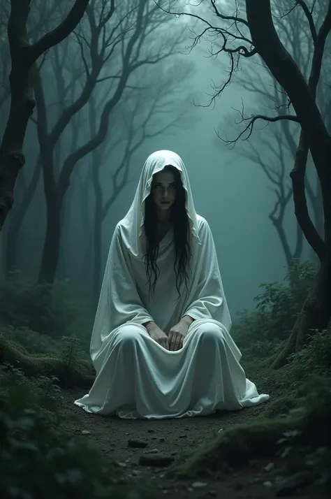 A frightful  woman sit in forest alone in white saree 