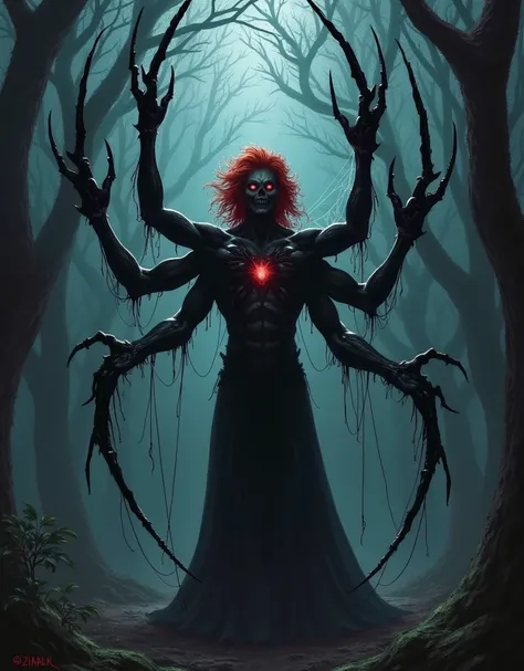 spider-type man demon, red hair, overlord rank, huge spider webs in dark forest background, has four arms, nighttime