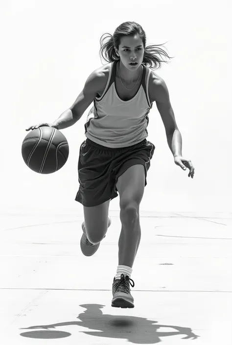 Realistic drawing of a woman playing basketball in black and white with her appropriate shadows
