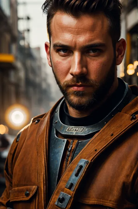 Portrait photo of muscular bearded guy in a worn mech suit, ((light bokeh)), intricate, (steel metal [rust]), elegant, sharp focus, photo by greg rutkowski, soft lighting, vibrant colors, (masterpiece), ((streets)), (detailed face:1.1), eye iris