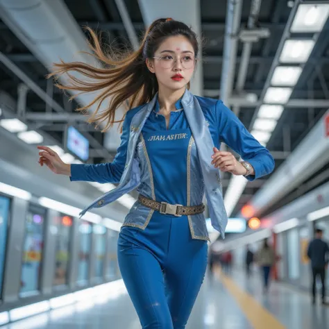  The average age of Chinese and Japanese women wearing jumpsuits is high-tech((  blue )) .  high-tech belt . )) running speed of light .  floating water tray .((穿 blue夹克))Short girl.  fast running effect .  wearing big blue glasses big frame (Turtleneck dr...