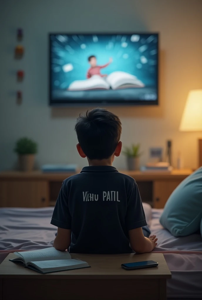  pustakānvara mōbāīla ṭhēvalā āhē.
A 17 to 18 year old boy is watching tv and the teacher is teaching in the tv the tv is on the wall and the boy is wearing a black shirt with white name Vishu Patil on the shirt and is sitting in the room air and the envir...