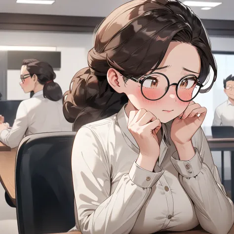 1 female, mature lady, ((blushing)), ((shy expression)), long brown hair, brown eyes, long eyelashes, large breasts, eyeglasses, white buttoned shirt, (in a meeting room), (half-body image:1.3), masterpiece, ultra HD, anime style, (my hero academia art sty...