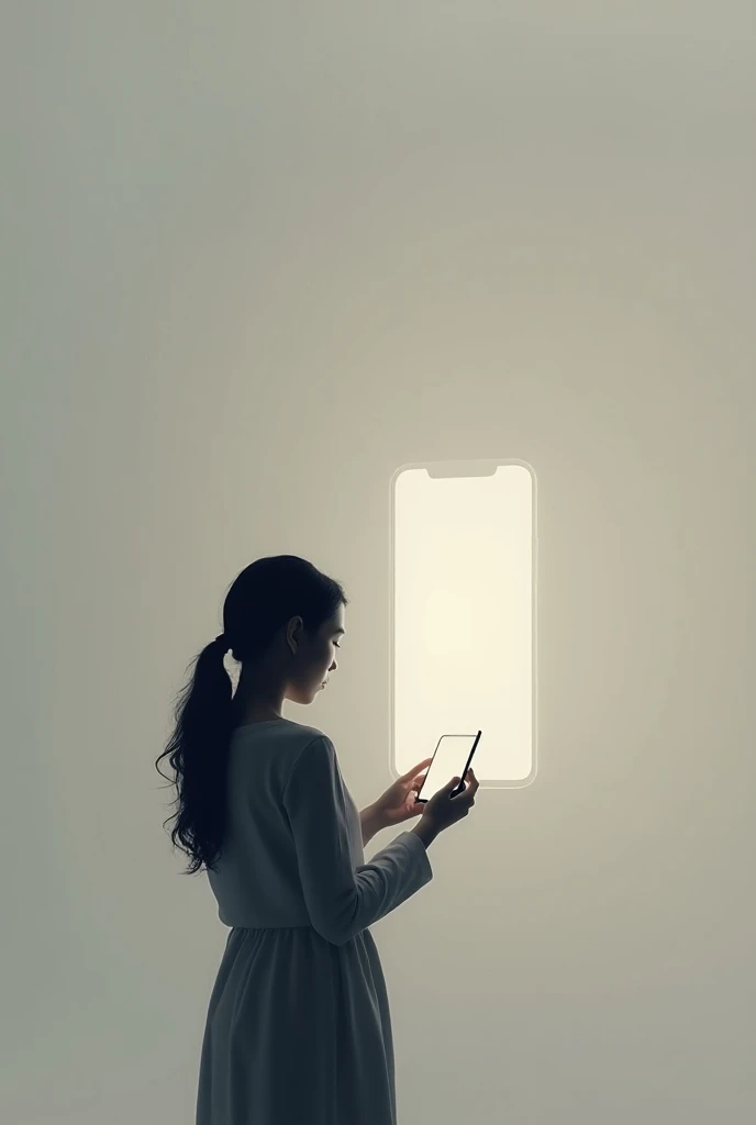  Woman uses her cell phone, and the screen grows , gray-beige shades , simple background, Back view, 