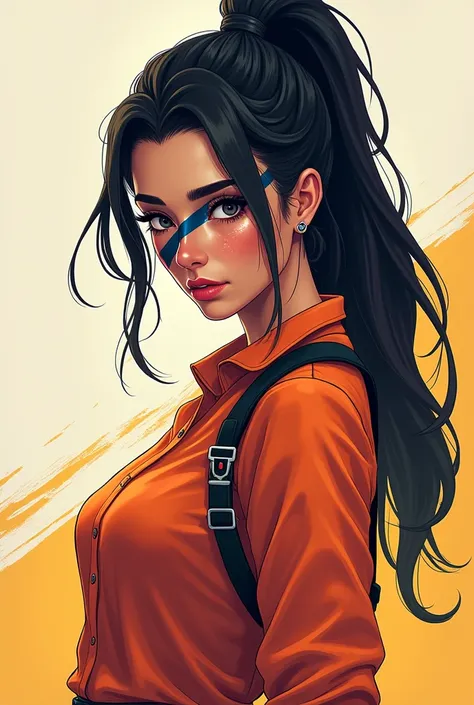 A woman in the style of the game Free Fire ,  who has black hair shaped like a ponytail with small locks of hair on the front of her face,  and she has a small dark blue stripe on her face that covers her eyes ,  and her blouse is long sleeve orange  