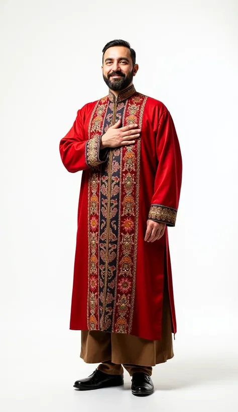 Turkish male receptionist in national clothes cordially invites guests, slightly bowing , , pointing one hand to the entrance , , the other hand is pressed to the heart as a sign of deep respect , the man stands at full height, white background.