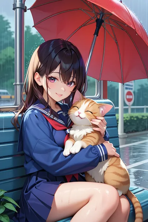 masterpiece,Anime Style, girl, sailor suit,((rain)),smile,(Bus stop background),Red Umbrella,Cuddling a cat 