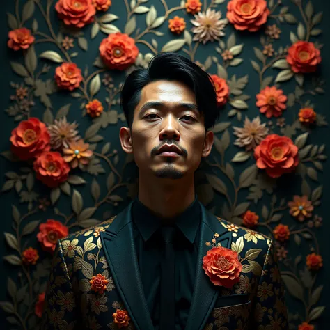 A man vietnames,hair cut  ,suit, hair cut, Extreme Wide Shot,aerial perspective,top-down view,grand scale,central subject ,intricate crystal floral patterns,ethereal black sea of ​​flowers backdrop,dreamlike ambiance,vibrant black black Color hues,majestic...