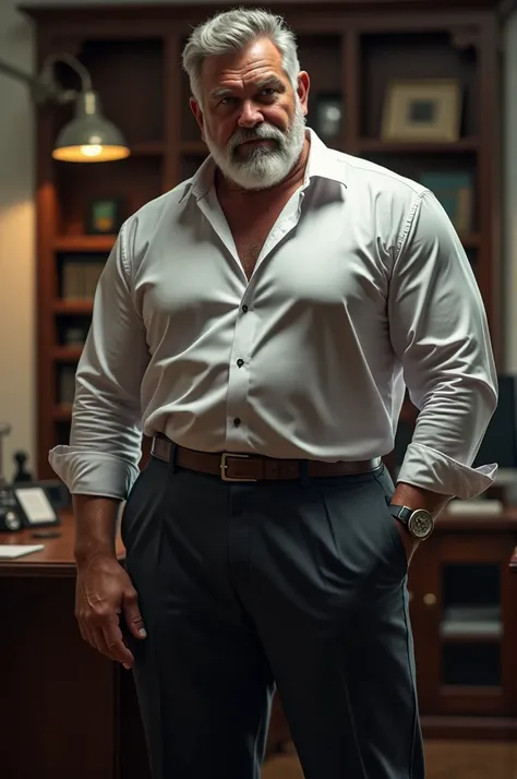 50 years old, ar the gym, muscular, daddy, big bulge, suit trousers, big beard, horny, boss, office, thick, thick thighs, big chest, muscular chest, bulge, muscles, shirt, dress shirt, mature, hd, realistic, big beard and moustache, no jacket, no waistcoat...