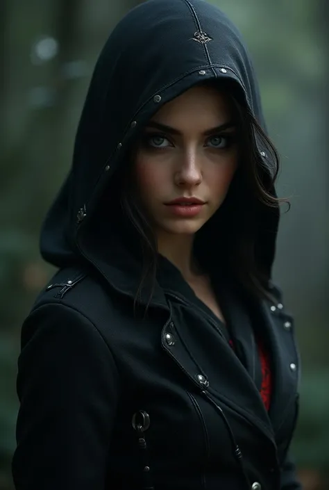 Une belle femme brune et sexy portant une tenue comme le personne du jeu assassins creed
Elle parait misterieuse et mechante