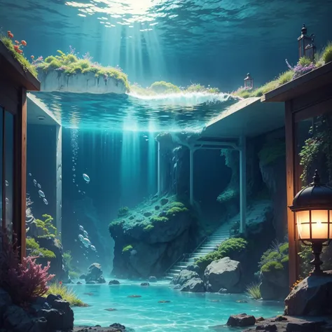 There is a super huge underwater open-air bath。There is a super huge open-air bath with glass in the ocean。seabed，ＳＦ， otherworldly，Mysterious， Best Quality， anime picture ，masterpiece，perfection， Ultra HD，Bubble bath， Romantic ，