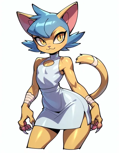 (pokemon style) , source_furry , humanoid furry  cat  , yellow body, big eyes, fur body, simple white background , white dress, ...