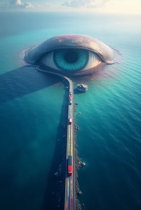 "A sea that looks like an eye from above, with a long train running through the middle."seen from the top, rainbow colored sea, endless road 