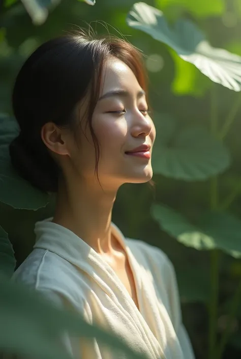 A serene image of a person with eyes closed, gently smiling as they visualize.
