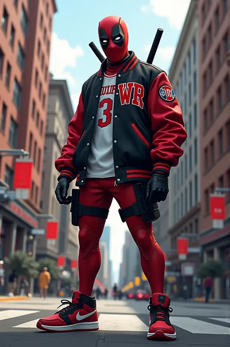  Deadpool with university jacket color black and red letters WR letters Nike sneakers red and black, Allen Iversons Sixers jersey on the streets of Philadelphia  