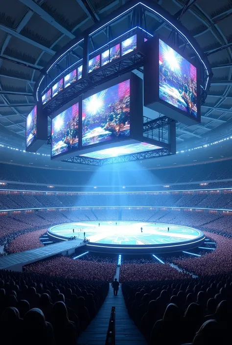  make a concert stage for me that contains a catwalk, With a 360-degree screen ,  and on the side a small quadricular screen  (It has to be off stage ), It must also contain platforms to climb ,  and a structure that fits a soccer stadium  