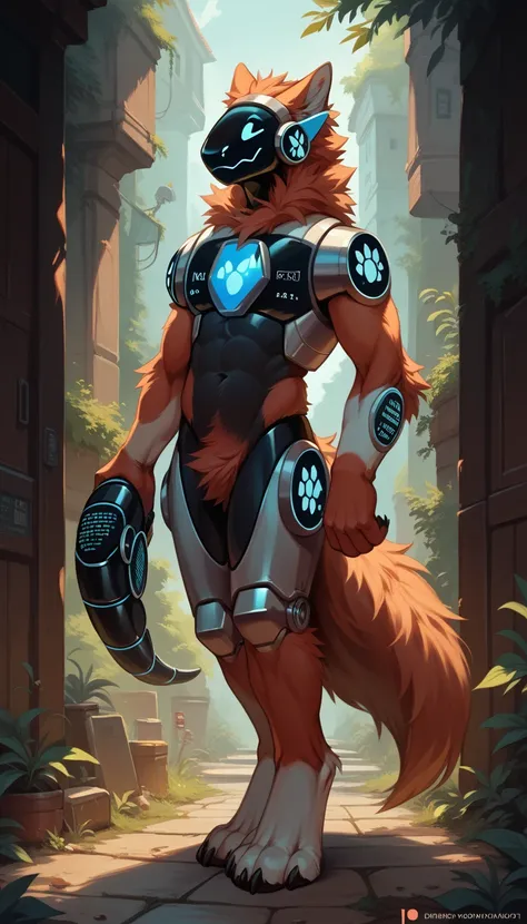 ((high quality)), ((realistic)), protogen, fluffy, male, no pant, robot part, metal crotch parts, full body view, holding railgu...