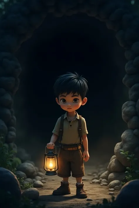 A boy about  holding a lantern and moving towards a dqrk tunnel